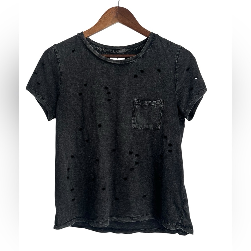 American Eagle Women’s Distressed Holes Front Pocket Gray Tee Shirt SZ: S/P